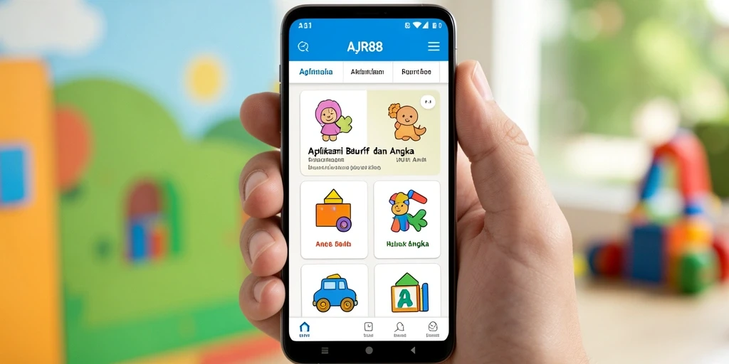 Tampilan antarmuka aplikasi AJR88 untuk belajar huruf dan angka.